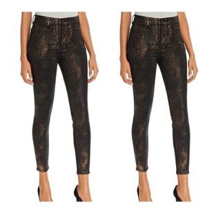 7 For All Mankind Coated Snake Print Skinny Ankle Jeans Black Gold Size 28